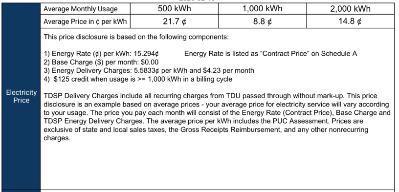 Sample electricity rate plan document